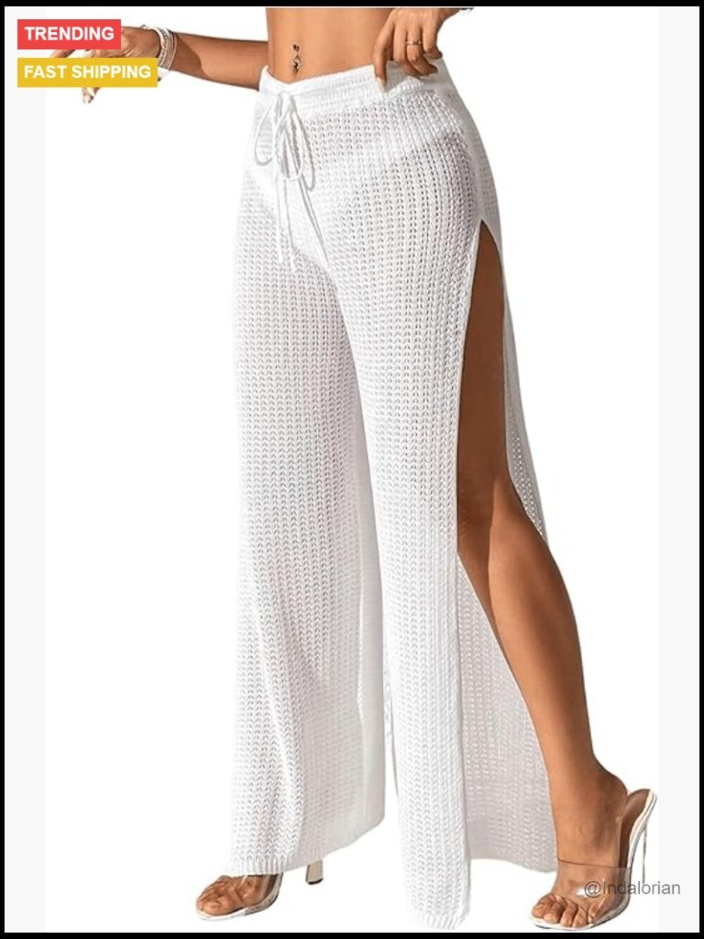 Sheer Crochet Cover Up Pants High Split Drawstring Waist Beach Long Pants for